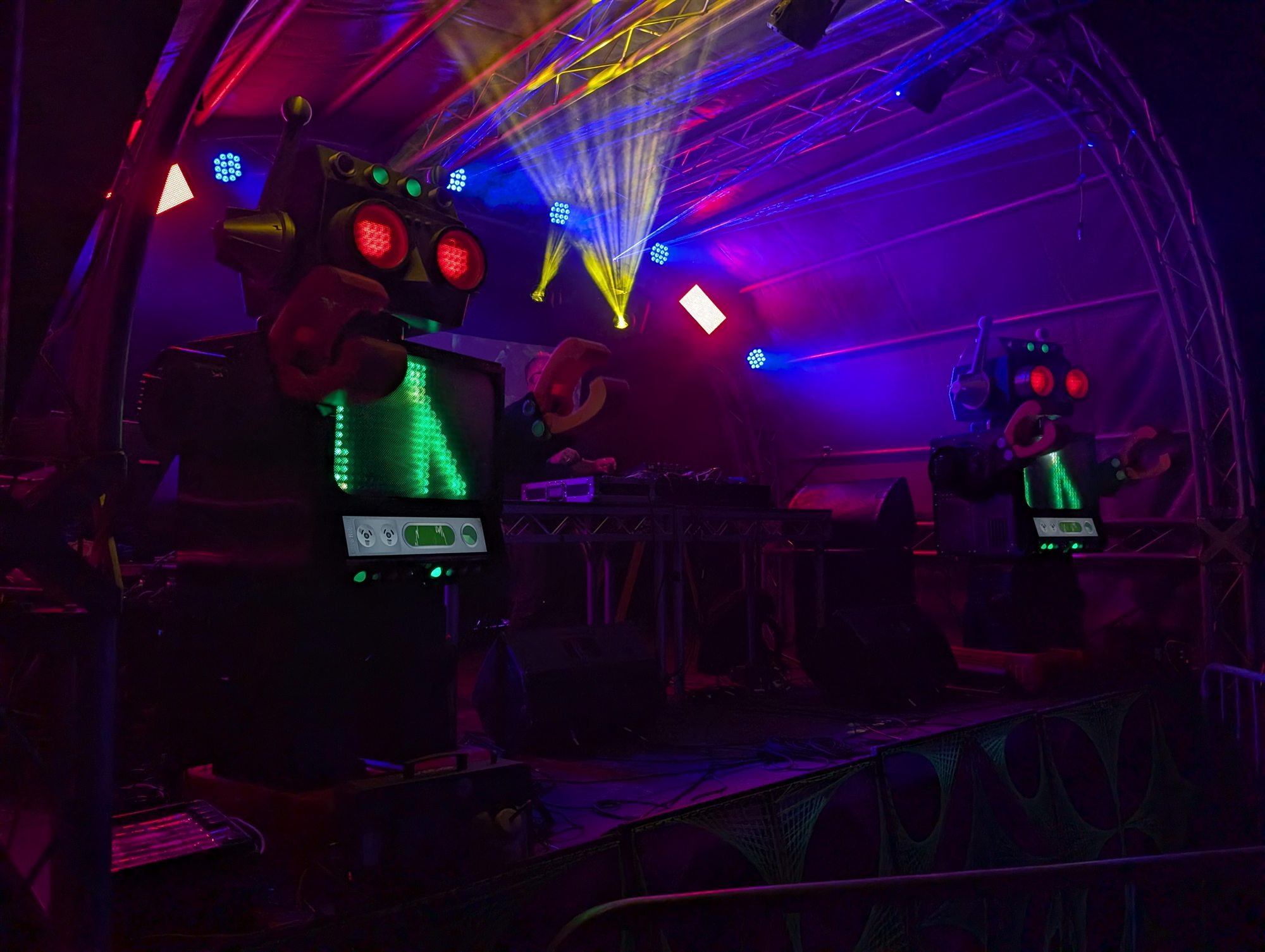 Disco Robots under coloured stage lighting