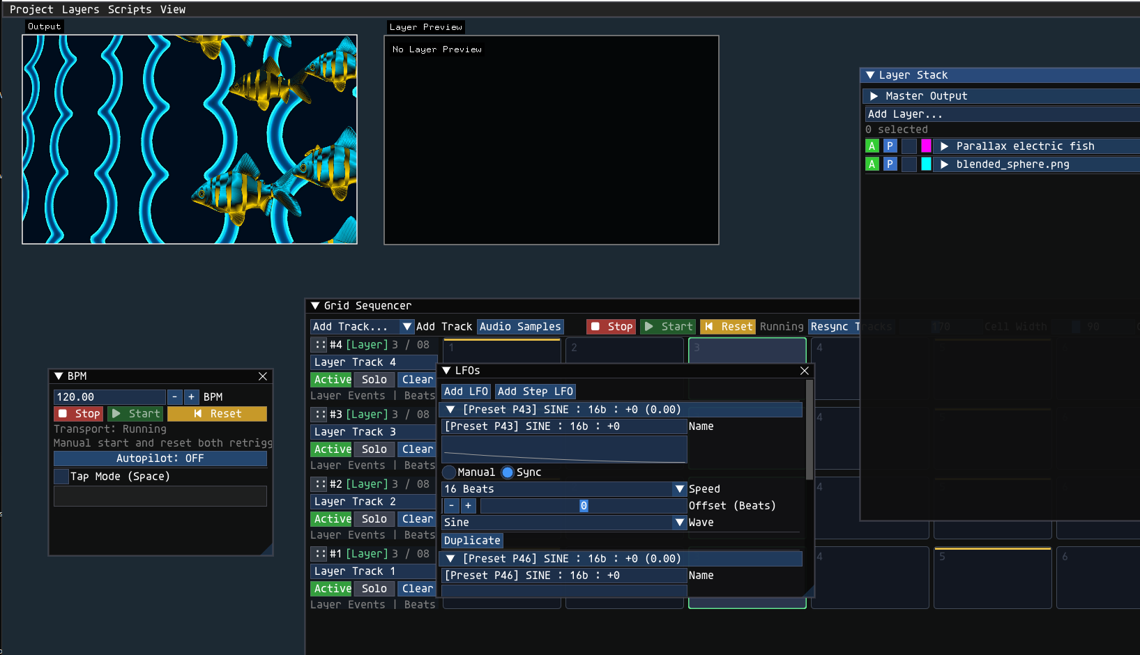 Overscan custom VJ software interface with layers, sequencing and control panels